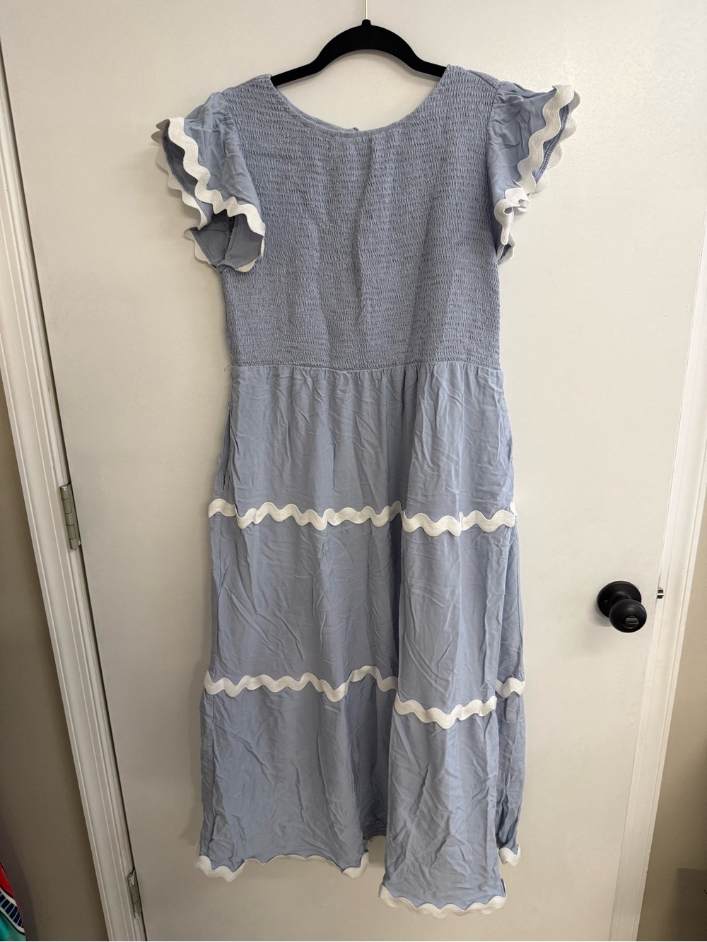 Zesica Light Blue Ruffle Midi Dress with White Trim